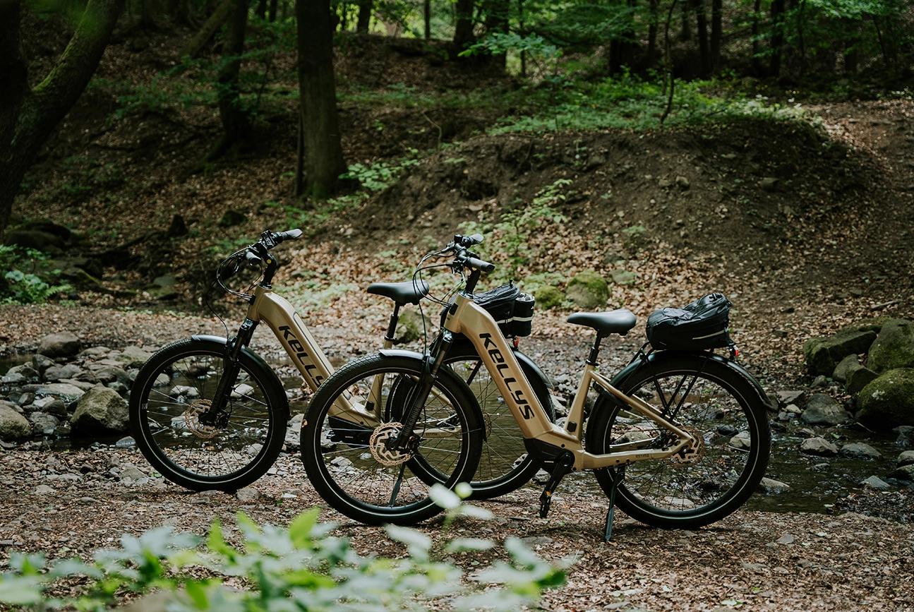 Két elektromos túrakerékpár egy erdei patak mellett